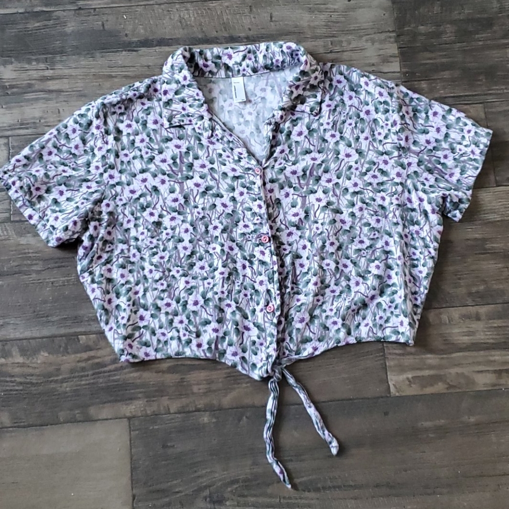 American Apparel Floral Tie-Front Top - Purple and White